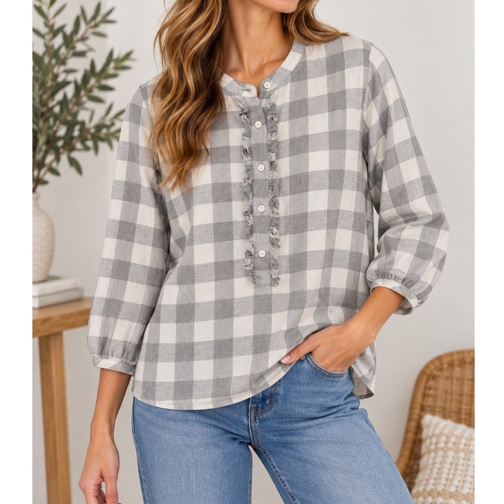 J.Crew Mercantile Top Women S Gray Gingham Ruffle Placket 3/4 Sleeve Cotton
